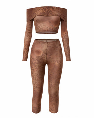 NELLIE Leopard Print Off-Shoulder Crop Top & Capri Leggings Set-Meeba &amp; Mae