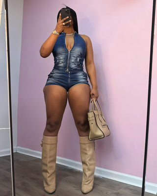 CARMINA Ruched Denim Halter Top & Shorts Set-Meeba &amp; Mae