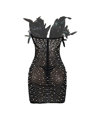 KAYALI Pearl & Rhinestone Embellished Feather Mini Dress-Meeba &amp; Mae