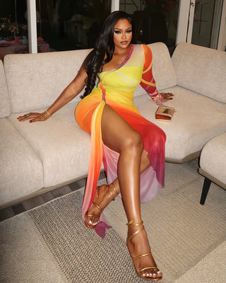 LUMEA One-Shoulder Mesh Drape Maxi Dress-Meeba &amp; Mae