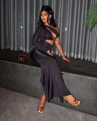 GIANNA Hollow Belly One-shoulder Sleeve Maxi Dress-Meeba &amp; Mae