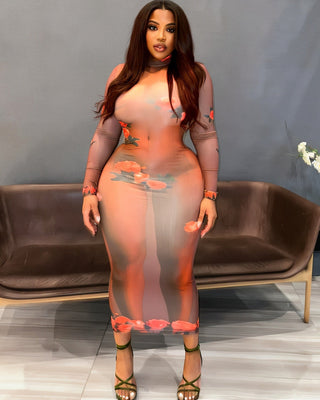 MIREYA Printed Round Neck Maxi Dress-Meeba &amp; Mae