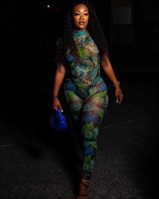 AGATHA Sheer Mesh Tropical Print Jumpsuit-Meeba &amp; Mae