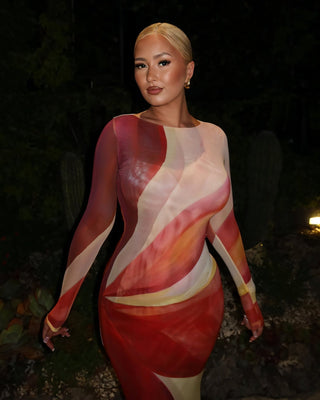 JOCELYN Mesh Abstract Swirl Print Maxi Dress-Meeba &amp; Mae