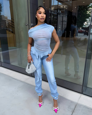 FIORELLA One-Shoulder Asymmetrical Ruffled Mesh Top-Meeba &amp; Mae