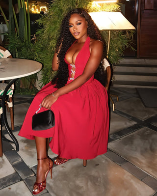 TALORA Embellished Bow Halter Midi Dress-Meeba &amp; Mae