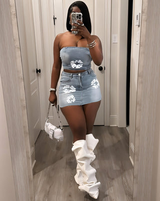 ALANA Floral Print Denim Top & Skirt Set-Meeba &amp; Mae