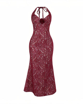 TYRAE Floral Lace Halter Maxi Dress-Meeba &amp; Mae