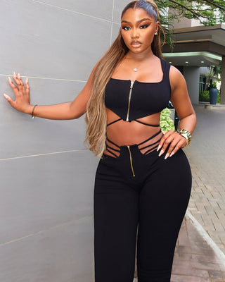 YUNA Ribbed Zip-up Top & Strappy Cutout Pants Set-Meeba &amp; Mae