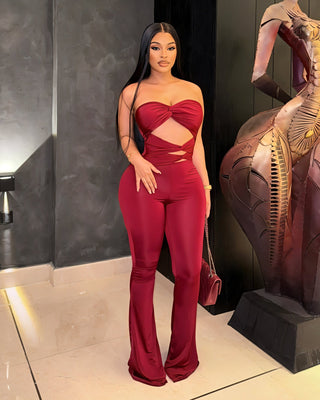 ZANIYA Strapless Twist-Front Flare Jumpsuit