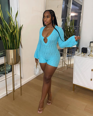 ZELIRAH Open-Knit V-Neck Bell Sleeve Romper-Meeba &amp; Mae