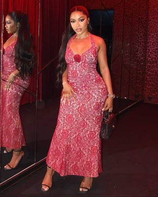 TYRAE Floral Lace Halter Maxi Dress-Meeba &amp; Mae