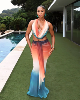 CHANEL Gradient Print Cowl Top and Maxi Skirt Set-Meeba &amp; Mae