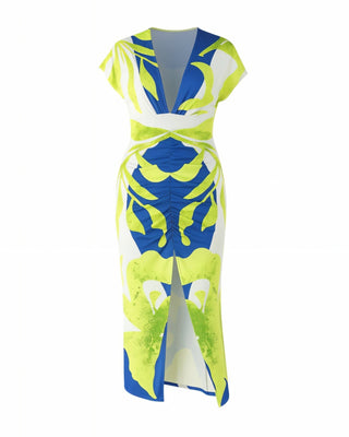 SUNNY Patterned V-Neck Fitted Midi Dress-Meeba &amp; Mae