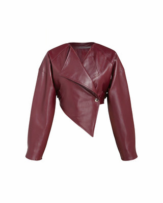 NIVIA Deep V Lapel Cropped Faux Leather Jacket