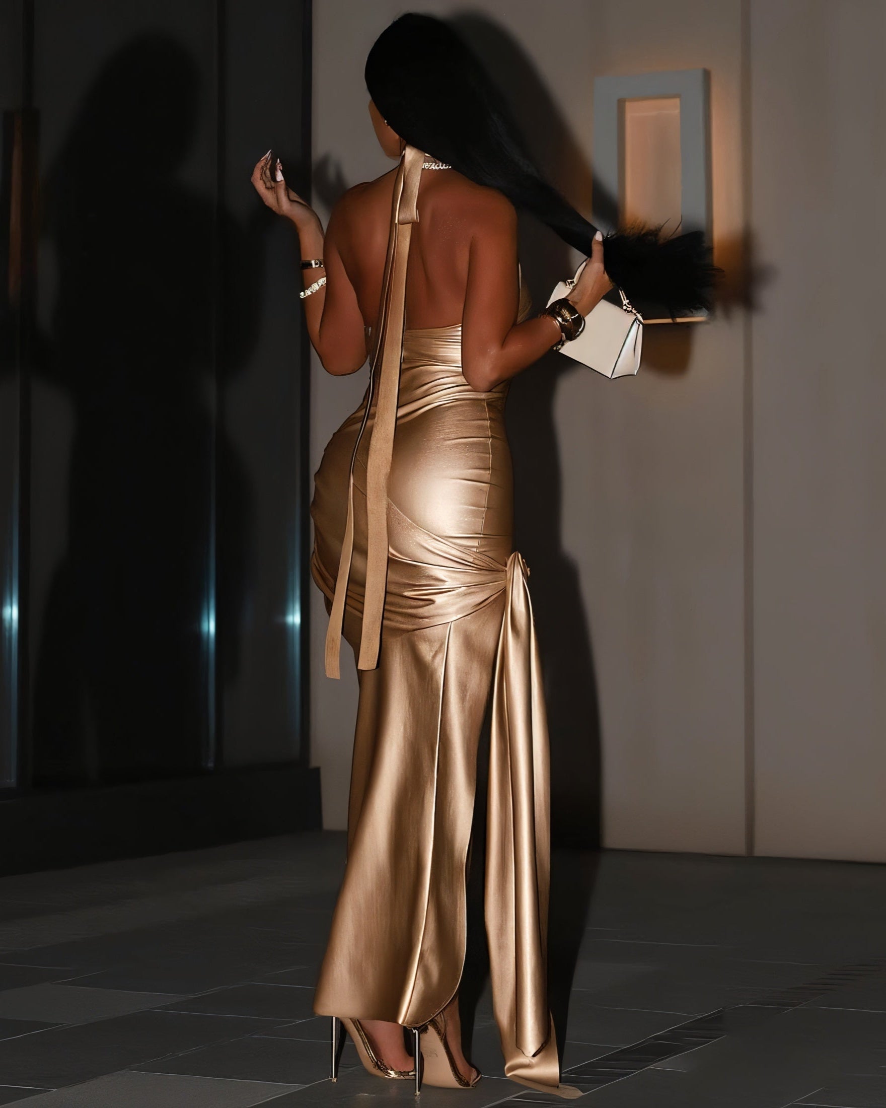 ARAYA Metallic Ruched High-Slit Maxi Dress