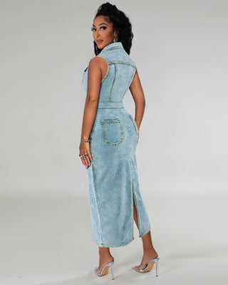 JILLIAN Wash Fitted Denim Dress-Meeba &amp; Mae