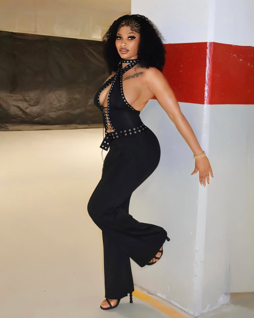 ALESSIA Eyelet Lace-Up Halter Jumpsuit-Meeba &amp; Mae