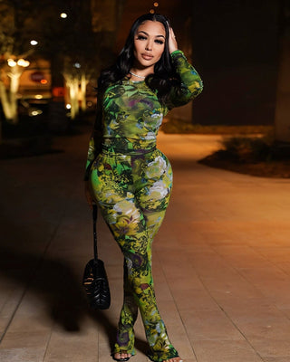 SANNA Floral Mesh Long Sleeve Top & Pants Set
