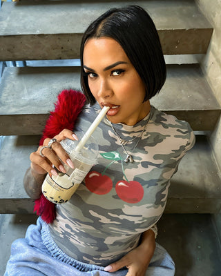 CLAIRE Cherry Detail Camo Print Shirt-Meeba &amp; Mae