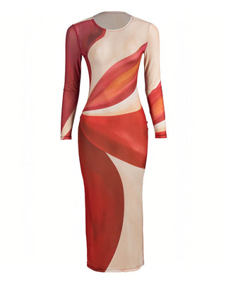 JOCELYN Mesh Abstract Swirl Print Maxi Dress-Meeba &amp; Mae