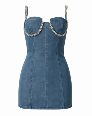 COSETTE Embellished Trim Denim Bodycon Mini Dress-Meeba &amp; Mae