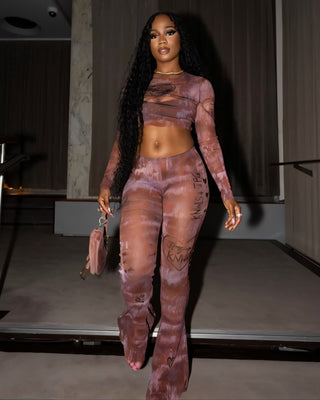 EVARINE Graffiti Print Mesh Long Sleeve Top & Flare Pants Set-Meeba &amp; Mae
