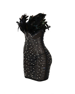 KAYALI Pearl & Rhinestone Embellished Feather Mini Dress-Meeba &amp; Mae