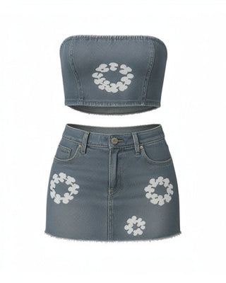 ALANA Floral Print Denim Top & Skirt Set-Meeba &amp; Mae