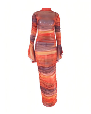 TAZARA Gradient Mesh Long Sleeves Maxi Dress-Meeba &amp; Mae