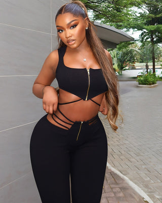 YUNA Ribbed Zip-up Top & Strappy Cutout Pants Set-Meeba &amp; Mae