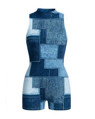 HANIYA Sleeveless Patchwork Denim Print Romper-Meeba &amp; Mae