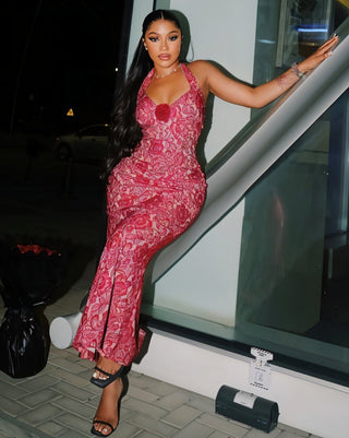 TYRAE Floral Lace Halter Maxi Dress-Meeba &amp; Mae