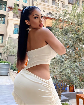 LUXEN High Neckline Draped Ruffle Mini Dress-Meeba &amp; Mae