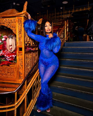 CHARICE Rhinestone & Faux Fur Trim Jumpsuit-Meeba &amp; Mae