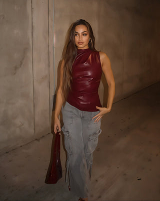 MABEL Faux Leather Draped Top-Meeba &amp; Mae