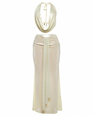 LEILANI Luminous Halter Top & Draped Maxi Skirt Set-Meeba &amp; Mae