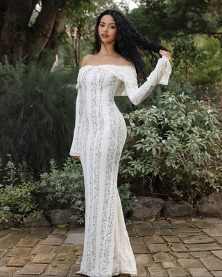 LEORA Lace Off-Shoulder Long Sleeve Maxi Dress-Meeba &amp; Mae