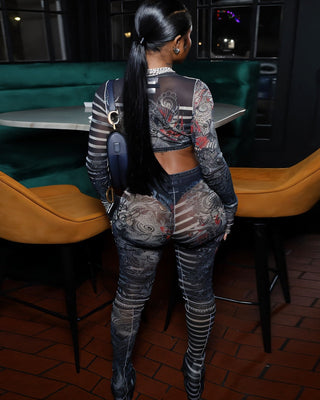 LAILA Mesh Striped Print Long Sleeve Top and Pants Set-Meeba &amp; Mae