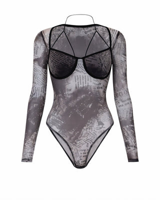 ZHONYA Newspaper Print Mesh Harness Bodysuit