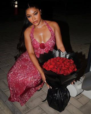 TYRAE Floral Lace Halter Maxi Dress-Meeba &amp; Mae