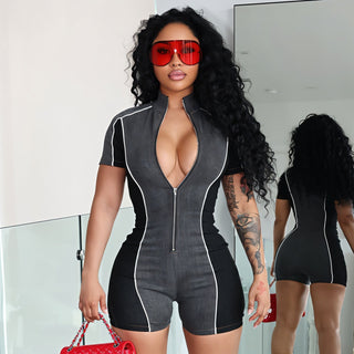 DIXIE Denim Print Romper-Meeba &amp; Mae