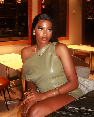 ORIELLE Faux Leather One-Shoulder Mini Dress-Meeba &amp; Mae