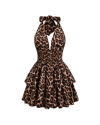PEACHY Leopard Halter Ruffle Mini Dress-Meeba &amp; Mae