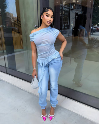 FIORELLA One-Shoulder Asymmetrical Ruffled Mesh Top-Meeba &amp; Mae