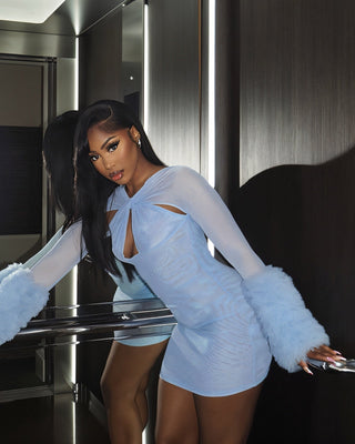 GALIENA Sheer Mesh Cutout Faux Fur Cuffs Mini Dress-Meeba &amp; Mae