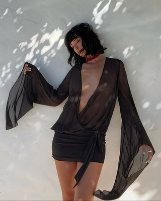 SHEIRA Drape Long-sleeve Mesh Mini Dress-Meeba &amp; Mae