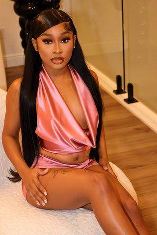 DIORA Halter Cowl Neck Crop Top & High Waist Shorts Set-Meeba &amp; Mae