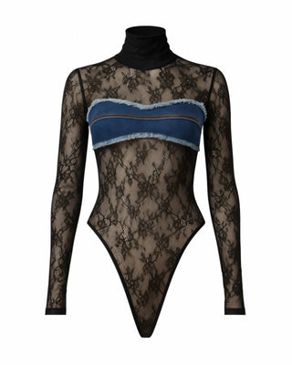 LEXI Lace Denim Detail Long Sleeve Bodysuit-Meeba &amp; Mae