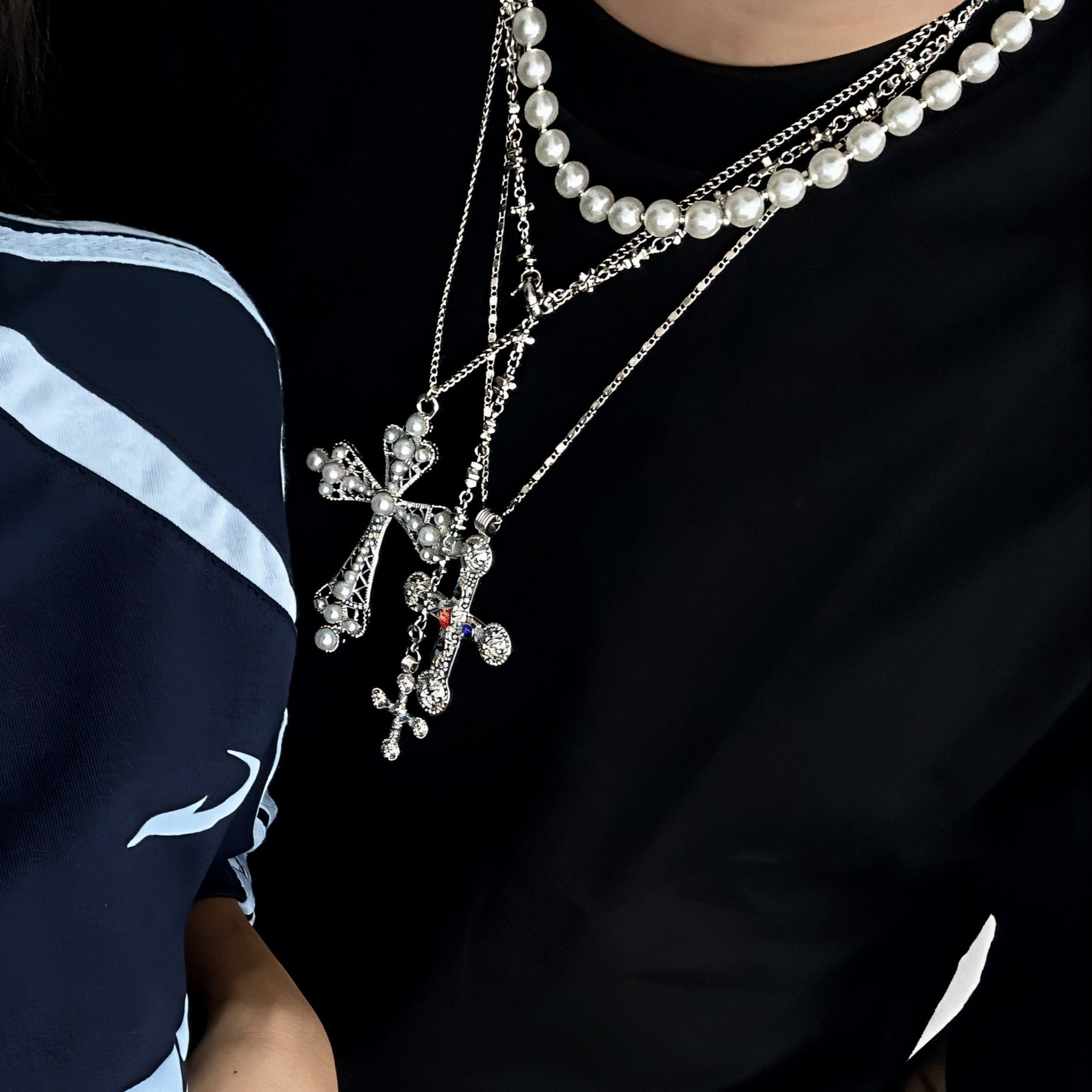 QUINTIS Pearl Necklace & Large Cross Pendant Set-Meeba &amp; Mae